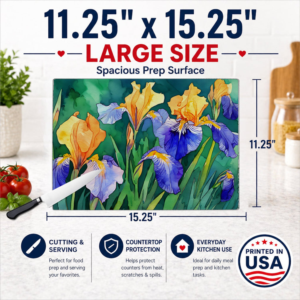 Tennessee Iris in Watercolor Cutting Board Tempered Glass Kitchen Cutting Surface, Heat Resistant Chopping, Non-Slip Feet, Food Prep & Serving