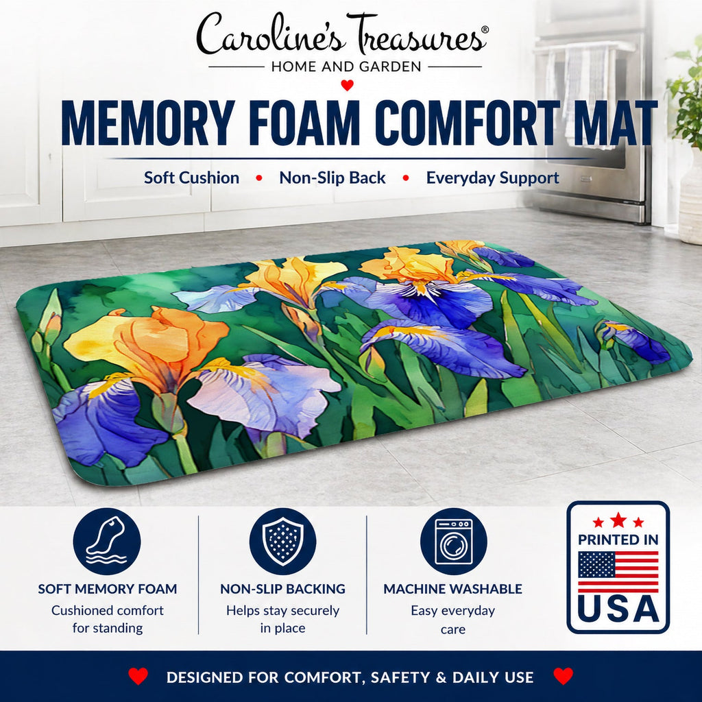 Tennessee Iris in Watercolor Memory Foam Kitchen Mat Machine Washable Anti-Fatigue Cushion Comfort Bath or Kitchen Rug