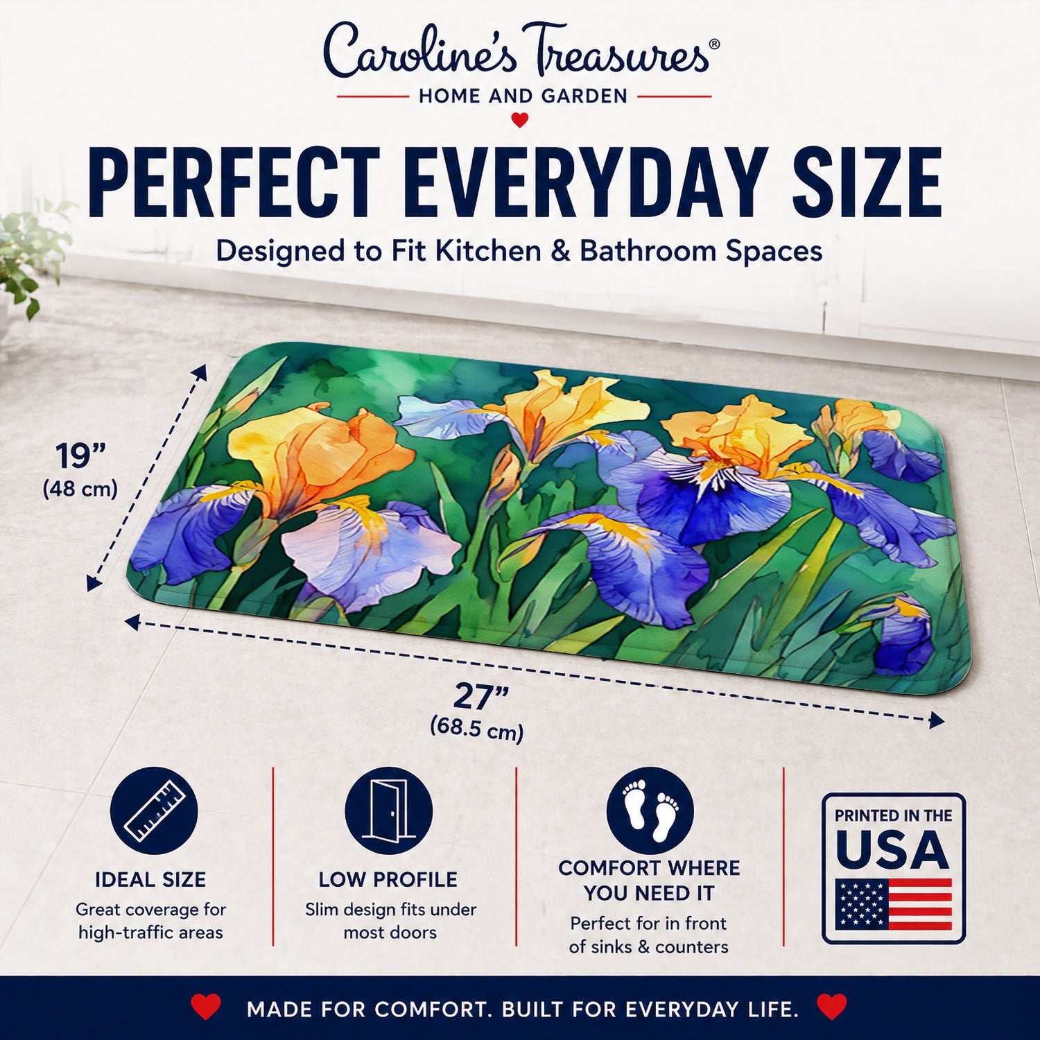 Tennessee Iris in Watercolor Memory Foam Kitchen Mat Machine Washable Anti-Fatigue Cushion Comfort Bath or Kitchen Rug