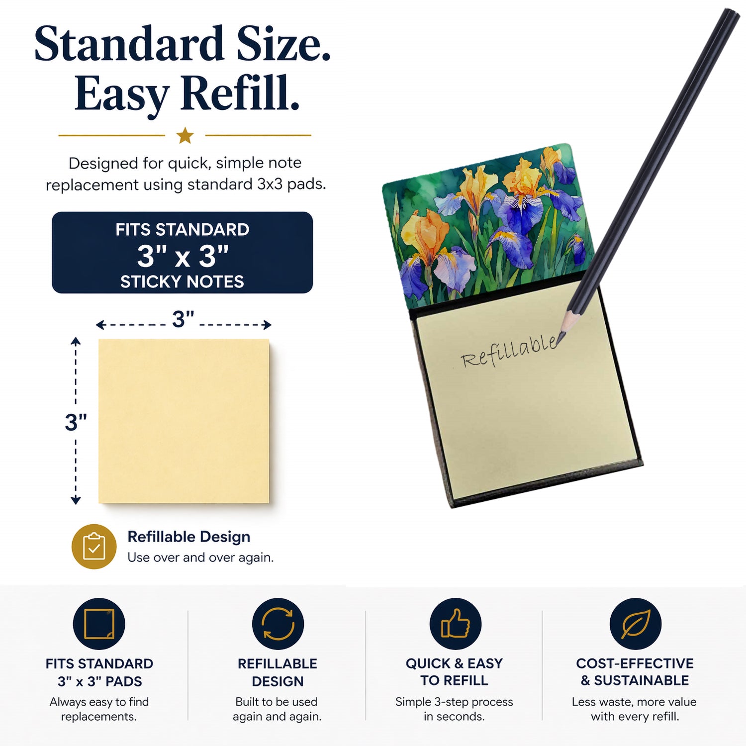 Tennessee Iris in Watercolor Watercolor Sticky Note Holder Refillable Dispenser Desk Accessory 3x3 Pad Gift