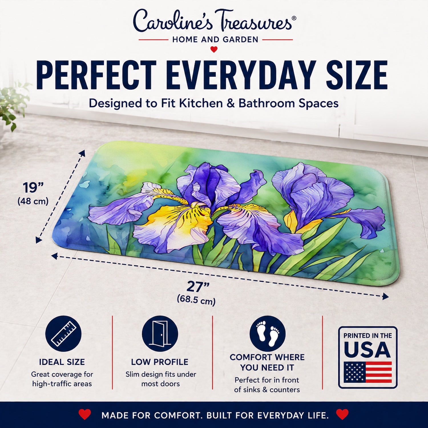 Tennessee Iris in Watercolor Memory Foam Kitchen Mat Machine Washable Anti-Fatigue Cushion Comfort Bath or Kitchen Rug