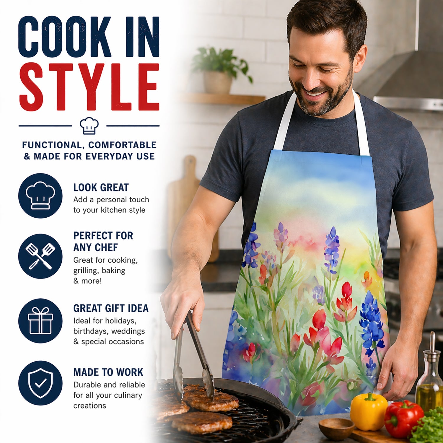 Texas Bluebonnets in Watercolor Apron Cooking Kitchen Server Baking Crafts Gardening for Adult Women Men, Unisex, Large, Multicolor