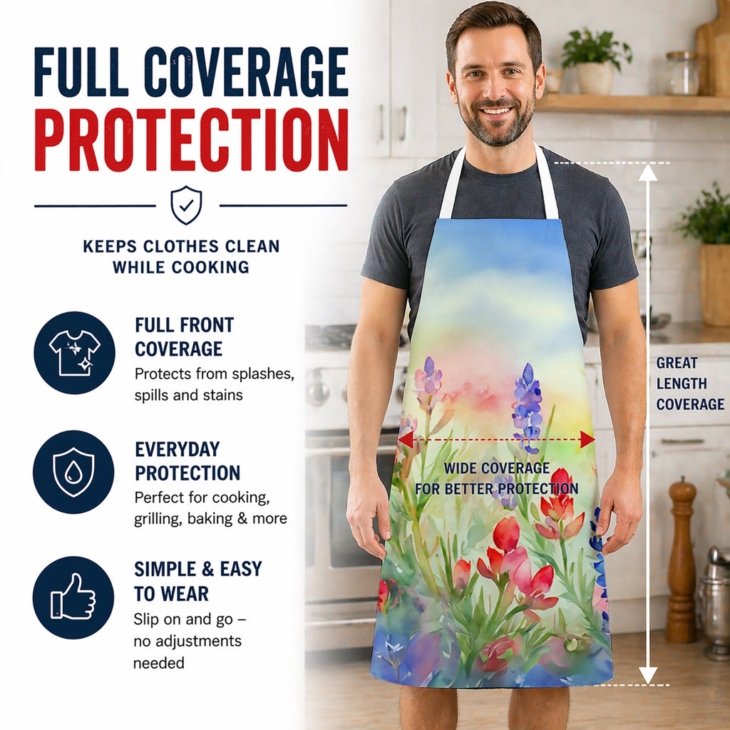 Texas Bluebonnets in Watercolor Apron Cooking Kitchen Server Baking Crafts Gardening for Adult Women Men, Unisex, Large, Multicolor