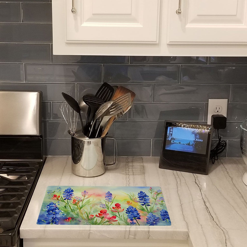 Texas Bluebonnets in Watercolor Cutting Board Tempered Glass Kitchen Cutting Surface, Heat Resistant Chopping, Non-Slip Feet, Food Prep & Serving