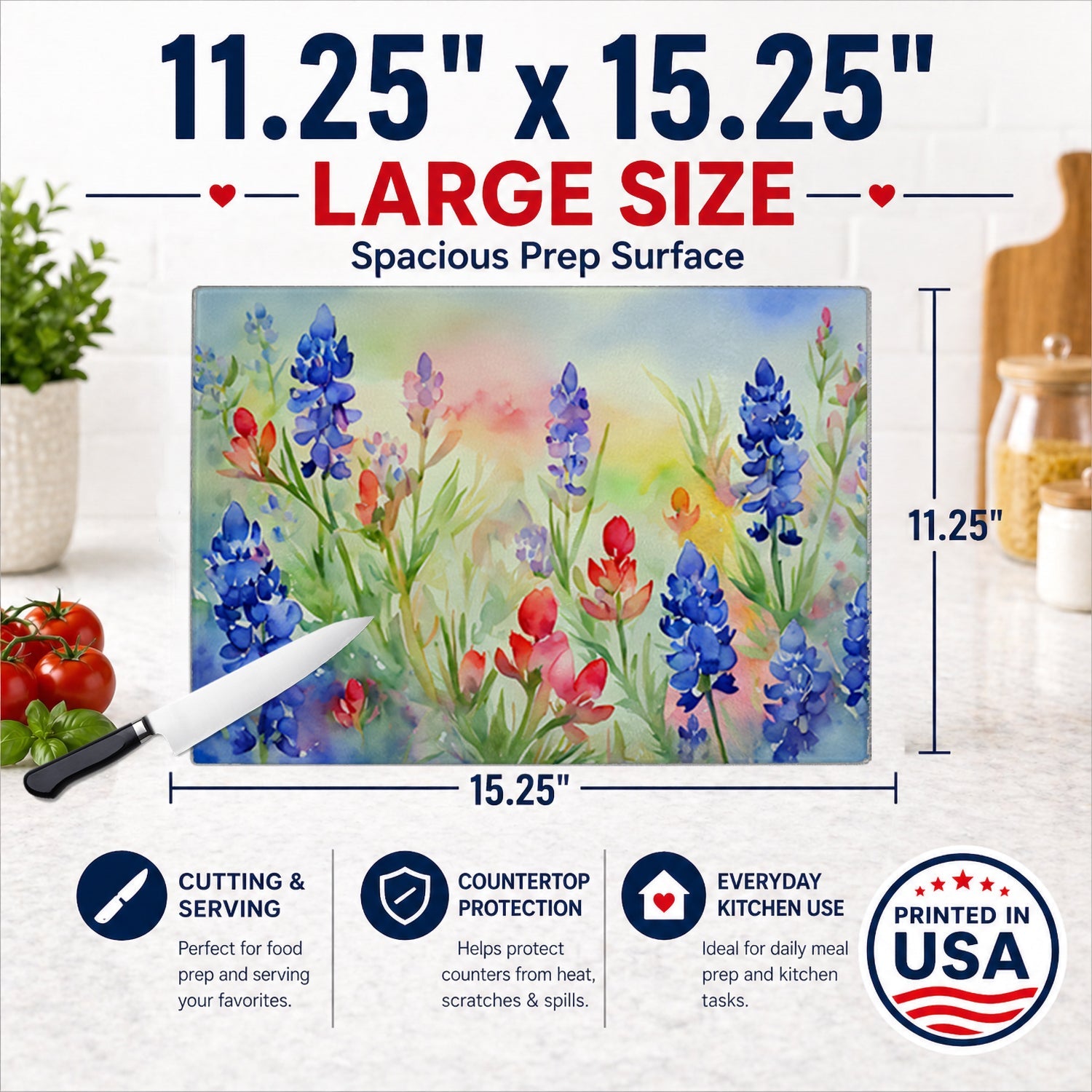 Texas Bluebonnets in Watercolor Cutting Board Tempered Glass Kitchen Cutting Surface, Heat Resistant Chopping, Non-Slip Feet, Food Prep & Serving