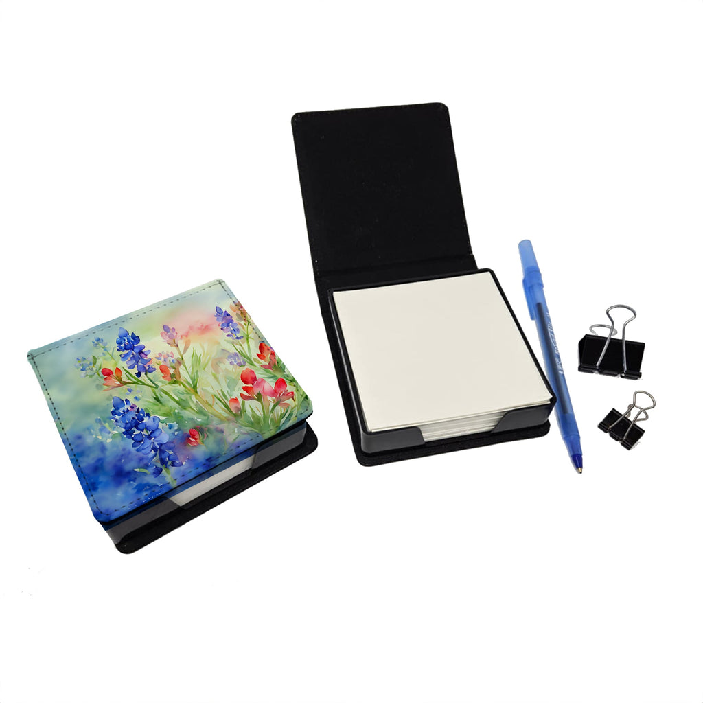 Texas Bluebonnets in Watercolor PU Leather Note Paper Holder with Artist-Designed Cover, Desk Accessory, Office Gift