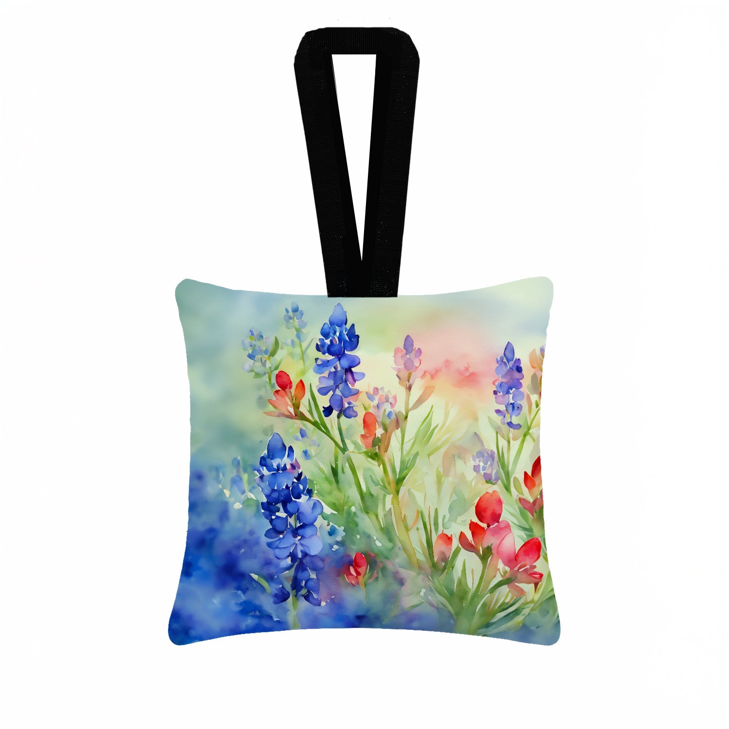 Texas Bluebonnets in Watercolor Hanging Square Fabric Ornament 3.5 × 3.5 Decorative Door-Knob & Tree Hanger, Soft Fabric
