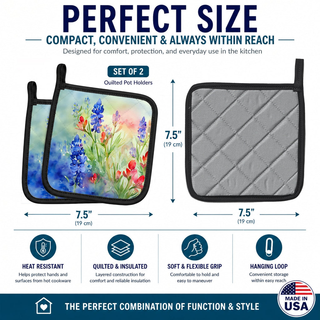 Texas Bluebonnets in Watercolor Pot Holder Set of 2 Heat Resistant Quilted Hot Pads 7.5 x 7.5 Inch, Insulated Kitchen Trivets for Cooking & Baking