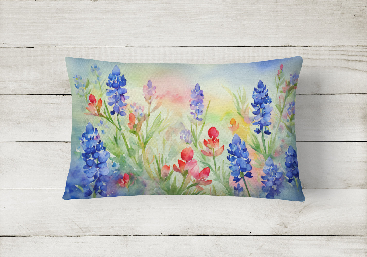 Texas Bluebonnets in Watercolor Decorative Throw Pillow 12x16 Indoor Outdoor Accent Cushion, Fabric Cover with Insert for Sofa, Bed, Porch & Living Room