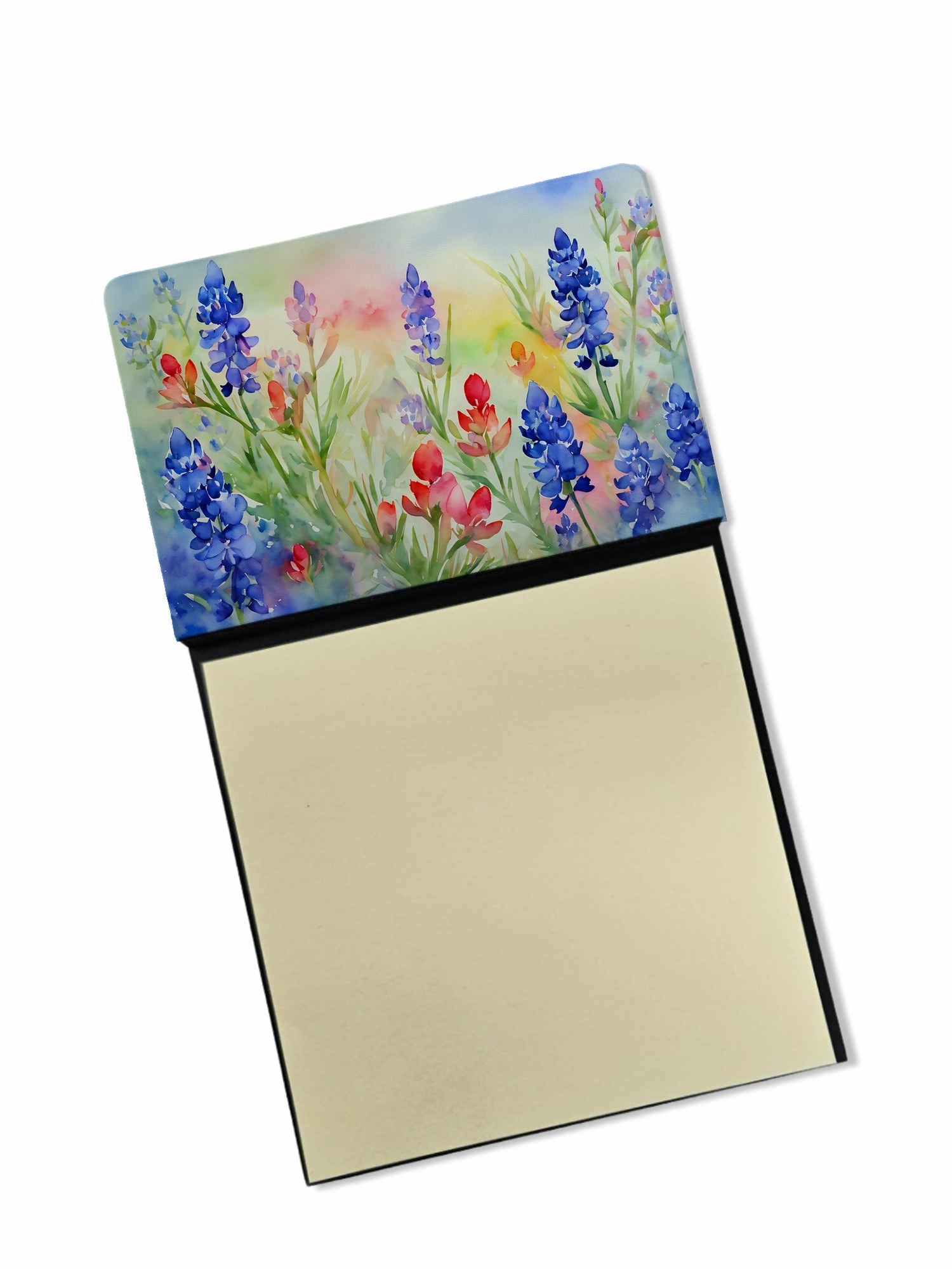 Texas Bluebonnets in Watercolor Watercolor Sticky Note Holder Refillable Dispenser Desk Accessory 3x3 Pad Gift