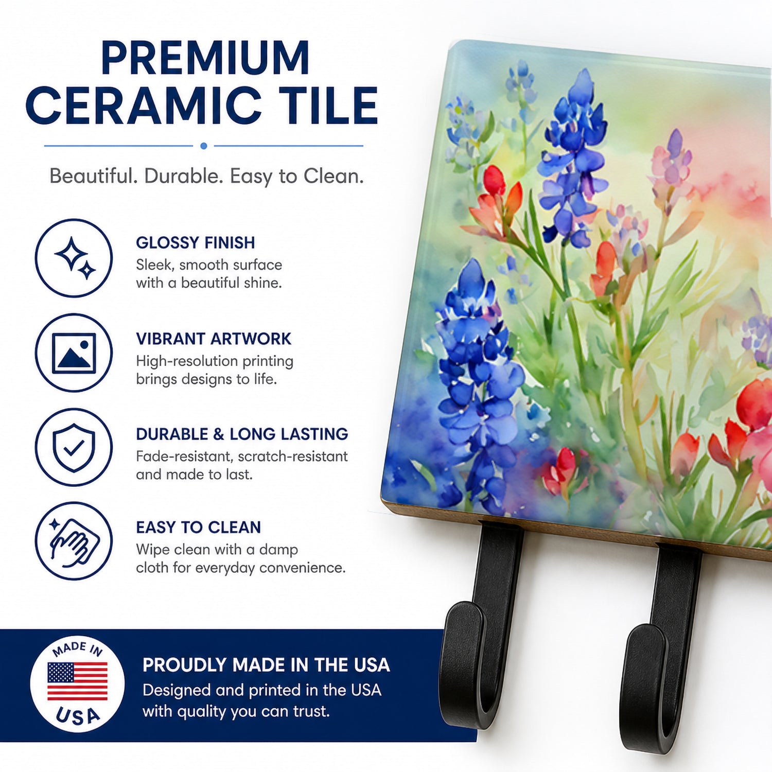 Texas Bluebonnets in Watercolor Leash or Key Holder Wall Hooks, Coat Rack Wall Mount, for Hanging Keys, Towels, Aprons, Leashes