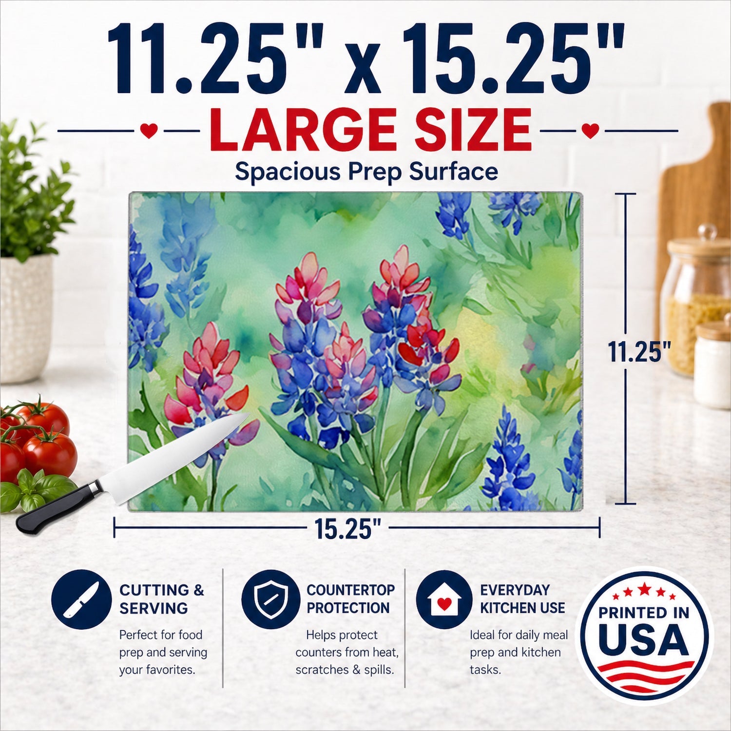 Texas Bluebonnets in Watercolor Cutting Board Tempered Glass Kitchen Cutting Surface, Heat Resistant Chopping, Non-Slip Feet, Food Prep & Serving
