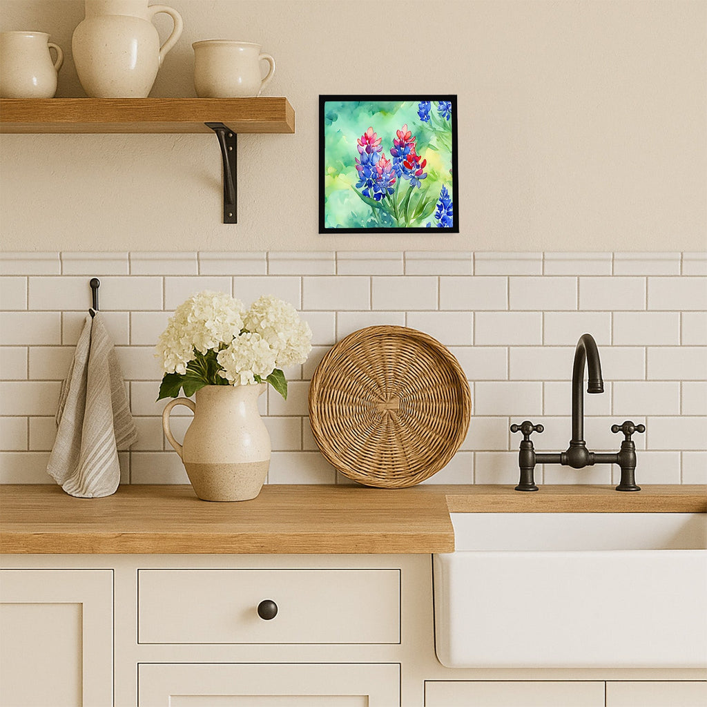 Texas Bluebonnets in Watercolor Framed Metal Print Bathroom, Kitchen, Office, Home Decor Wall Art Ready to Hang, Square, 8X8
