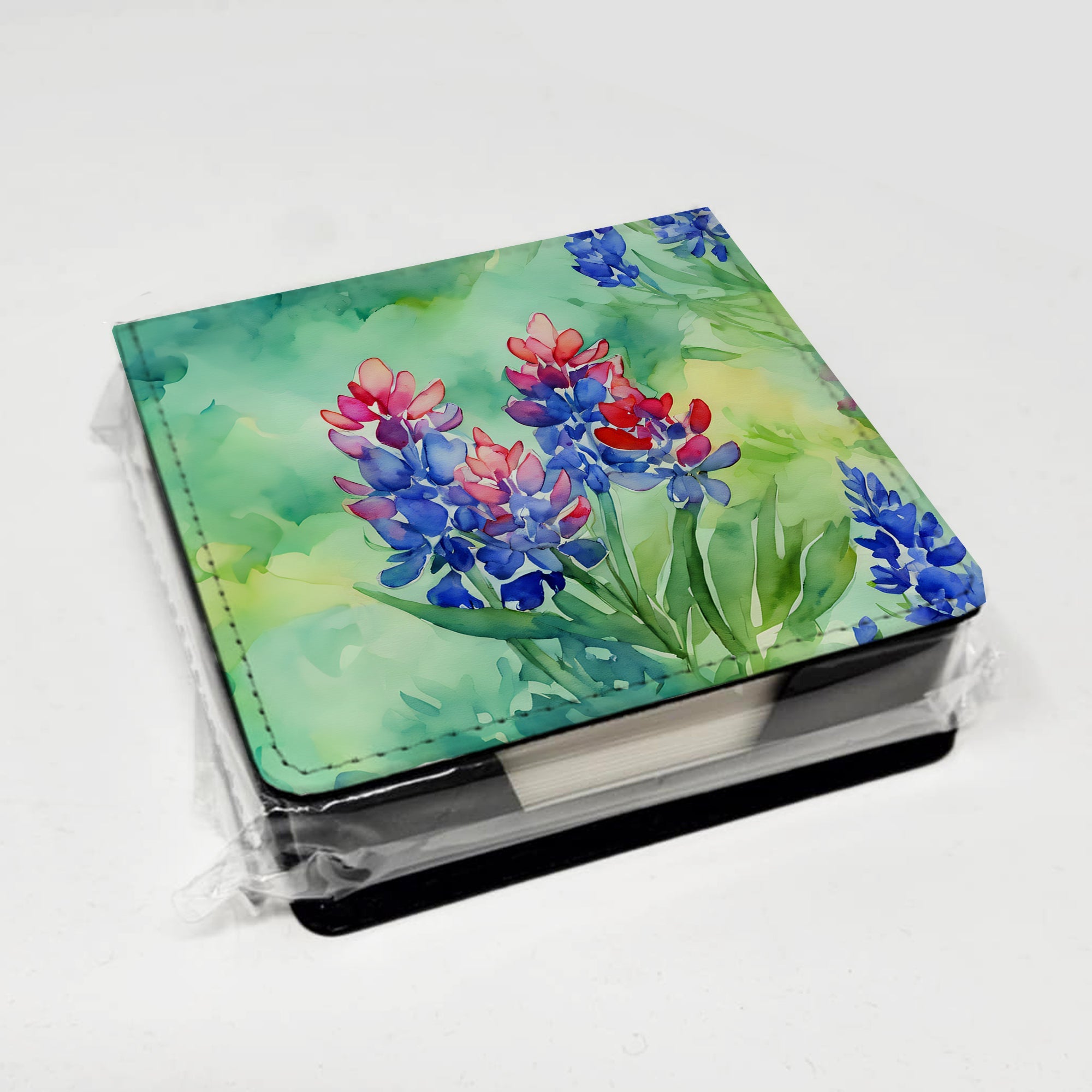 Texas Bluebonnets in Watercolor PU Leather Note Paper Holder with Artist-Designed Cover, Desk Accessory, Office Gift