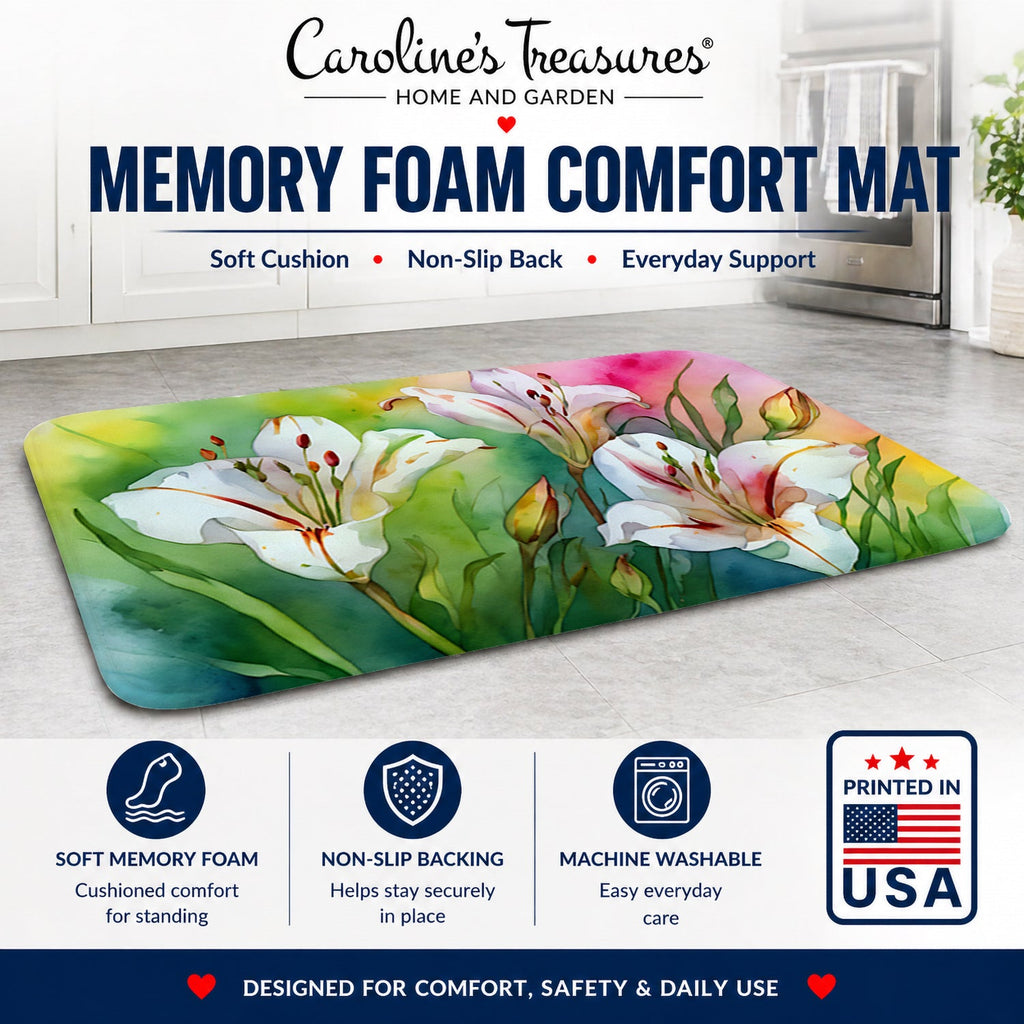 Utah Sego Lilies in Watercolor Memory Foam Kitchen Mat Machine Washable Anti-Fatigue Cushion Comfort Bath or Kitchen Rug