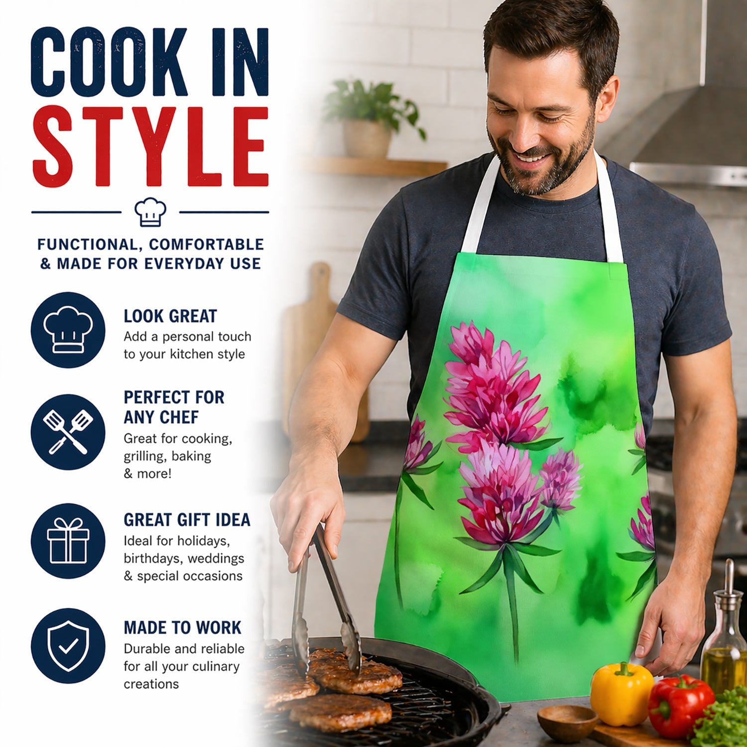 Vermont Red Clover in Watercolor Apron Cooking Kitchen Server Baking Crafts Gardening for Adult Women Men, Unisex, Large, Multicolor