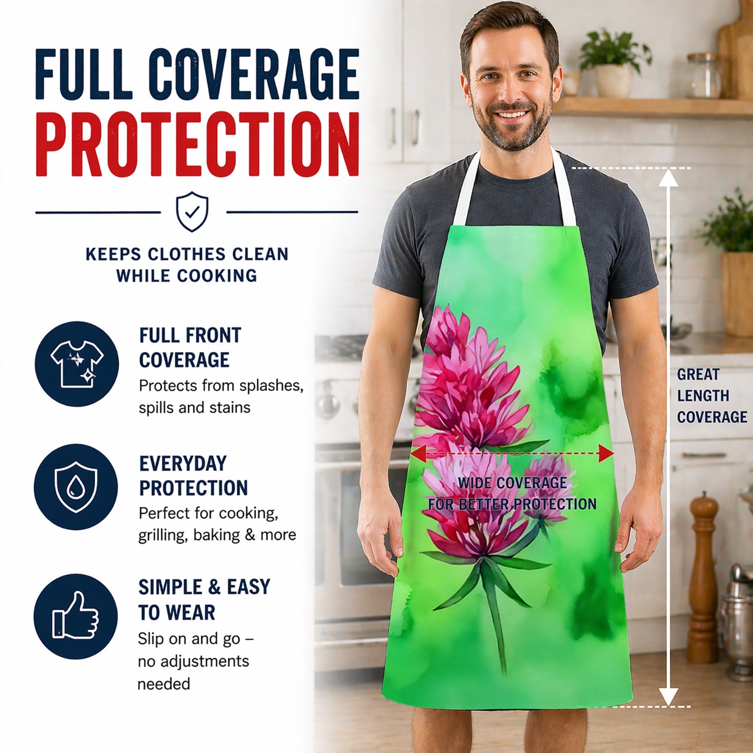 Vermont Red Clover in Watercolor Apron Cooking Kitchen Server Baking Crafts Gardening for Adult Women Men, Unisex, Large, Multicolor