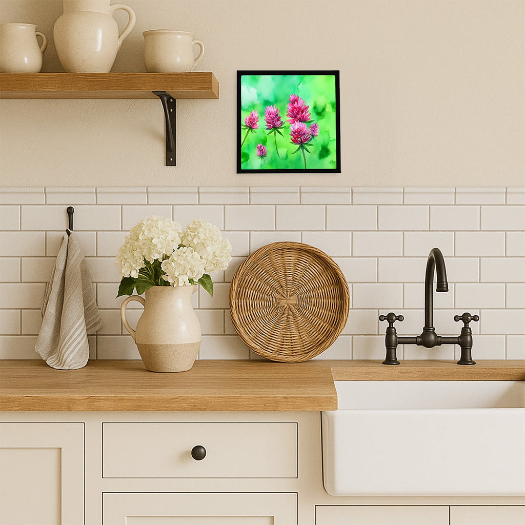 Vermont Red Clover in Watercolor Framed Metal Print Bathroom, Kitchen, Office, Home Decor Wall Art Ready to Hang, Square, 8X8
