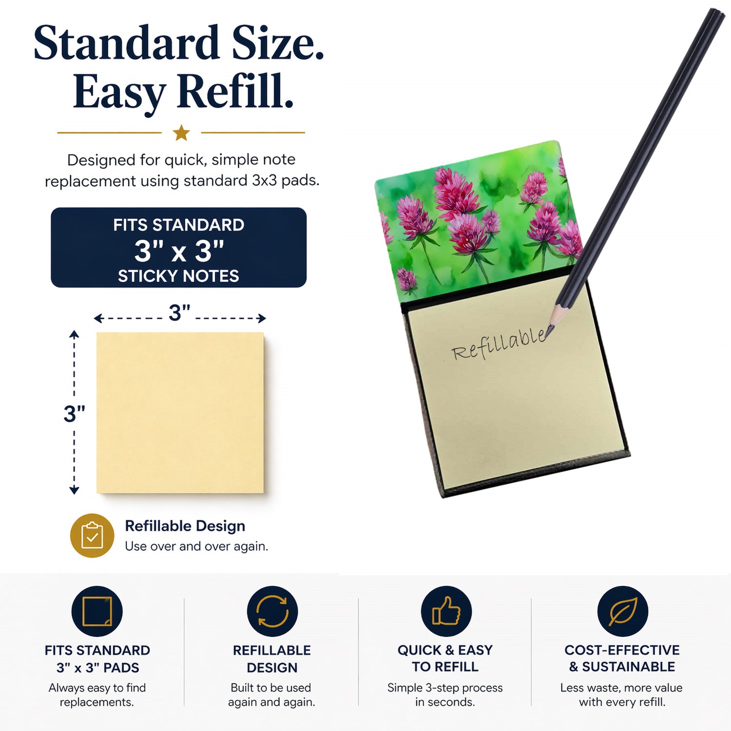 Vermont Red Clover in Watercolor Watercolor Sticky Note Holder Refillable Dispenser Desk Accessory 3x3 Pad Gift