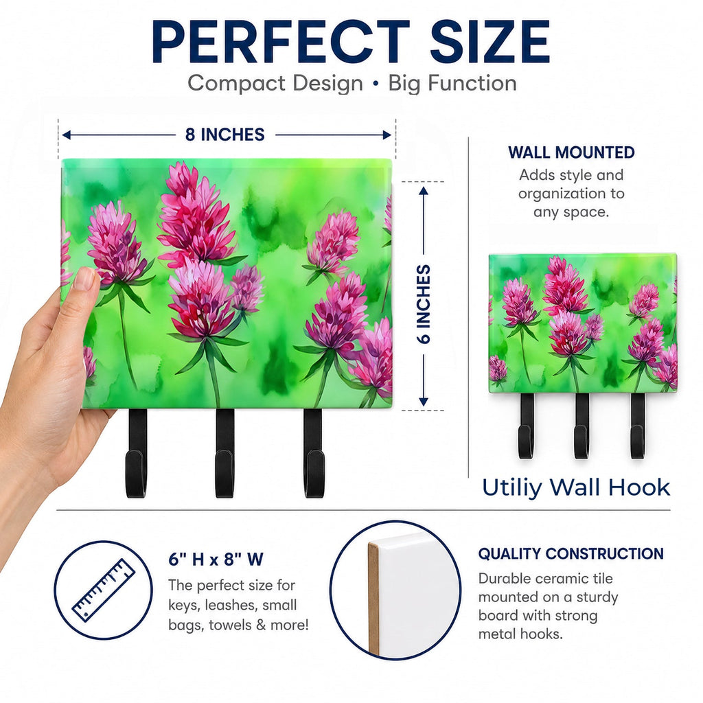 Vermont Red Clover in Watercolor Leash or Key Holder Wall Hooks, Coat Rack Wall Mount, for Hanging Keys, Towels, Aprons, Leashes