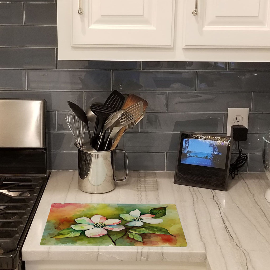 Virginia American Dogwood in Watercolor Cutting Board Tempered Glass Kitchen Cutting Surface, Heat Resistant Chopping, Non-Slip Feet, Food Prep & Serving