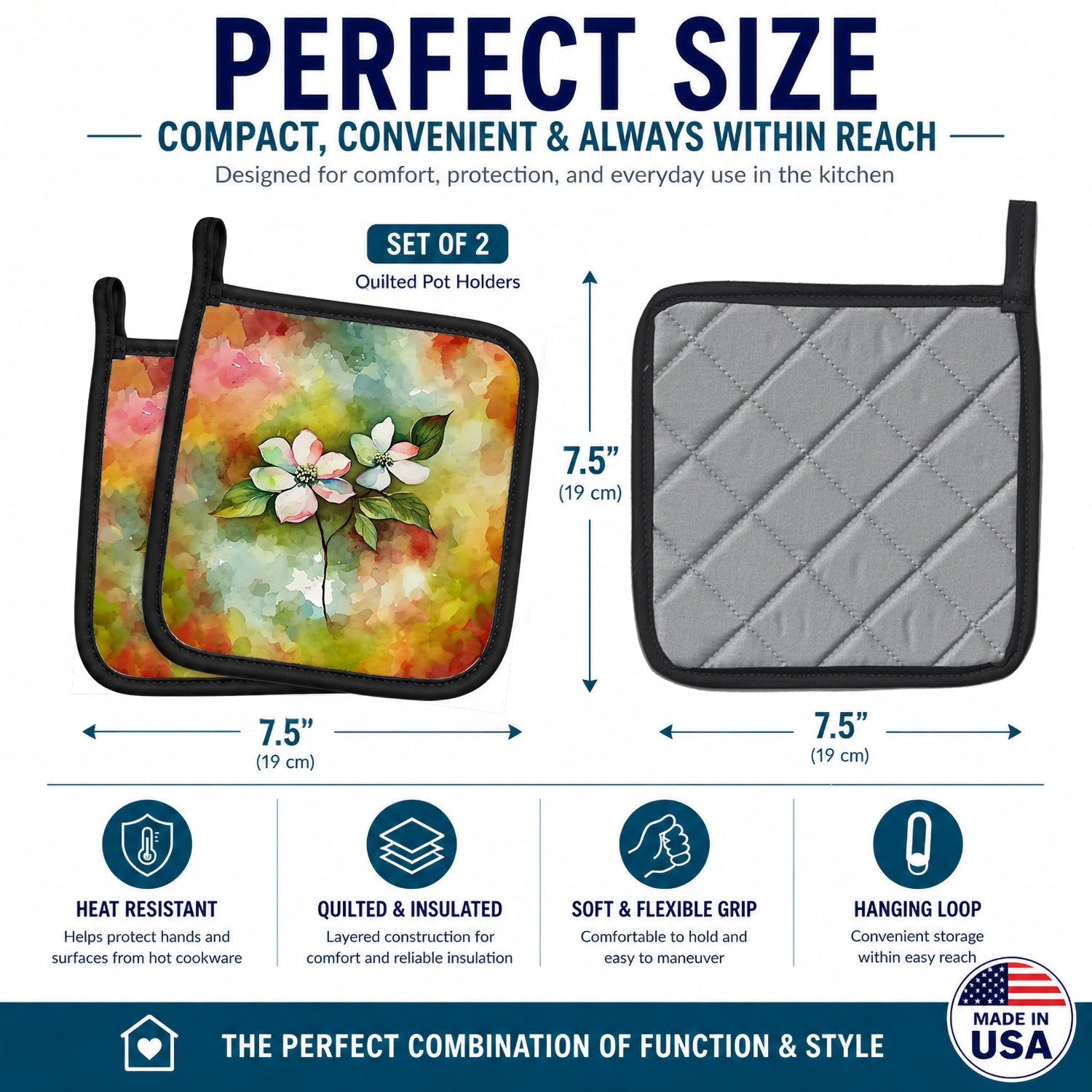 Virginia American Dogwood in Watercolor Pot Holder Set of 2 Heat Resistant Quilted Hot Pads 7.5 x 7.5 Inch, Insulated Kitchen Trivets for Cooking & Baking
