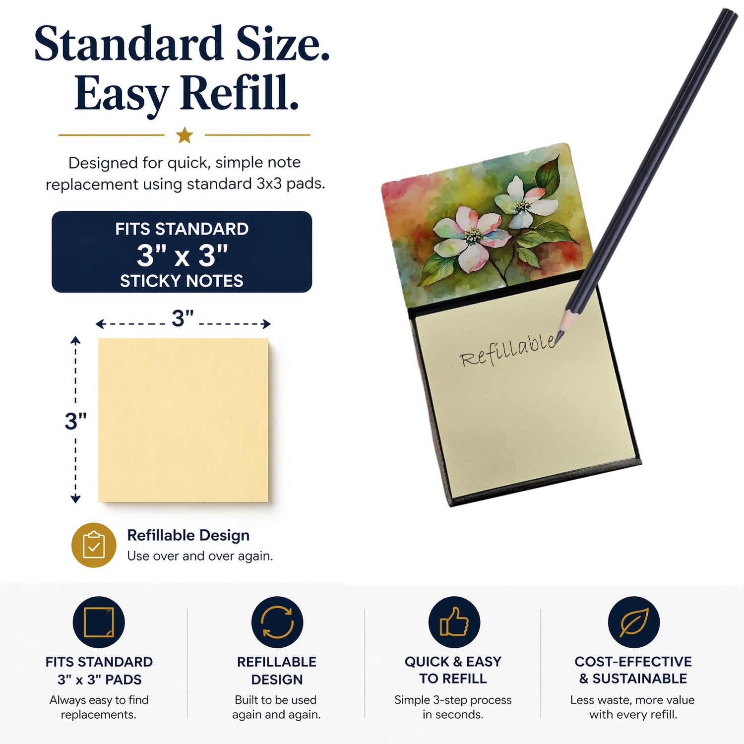Virginia American Dogwood in Watercolor Watercolor Sticky Note Holder Refillable Dispenser Desk Accessory 3x3 Pad Gift