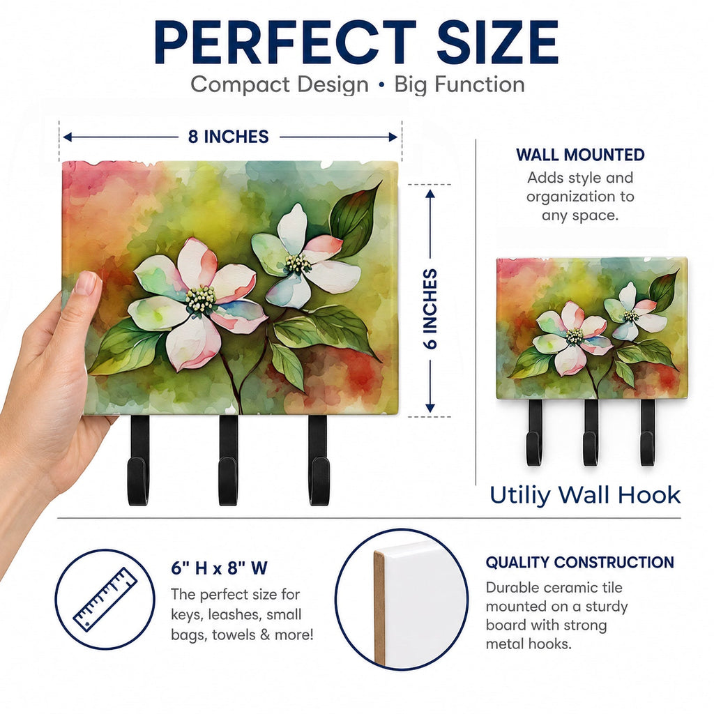 Virginia American Dogwood in Watercolor Leash or Key Holder Wall Hooks, Coat Rack Wall Mount, for Hanging Keys, Towels, Aprons, Leashes