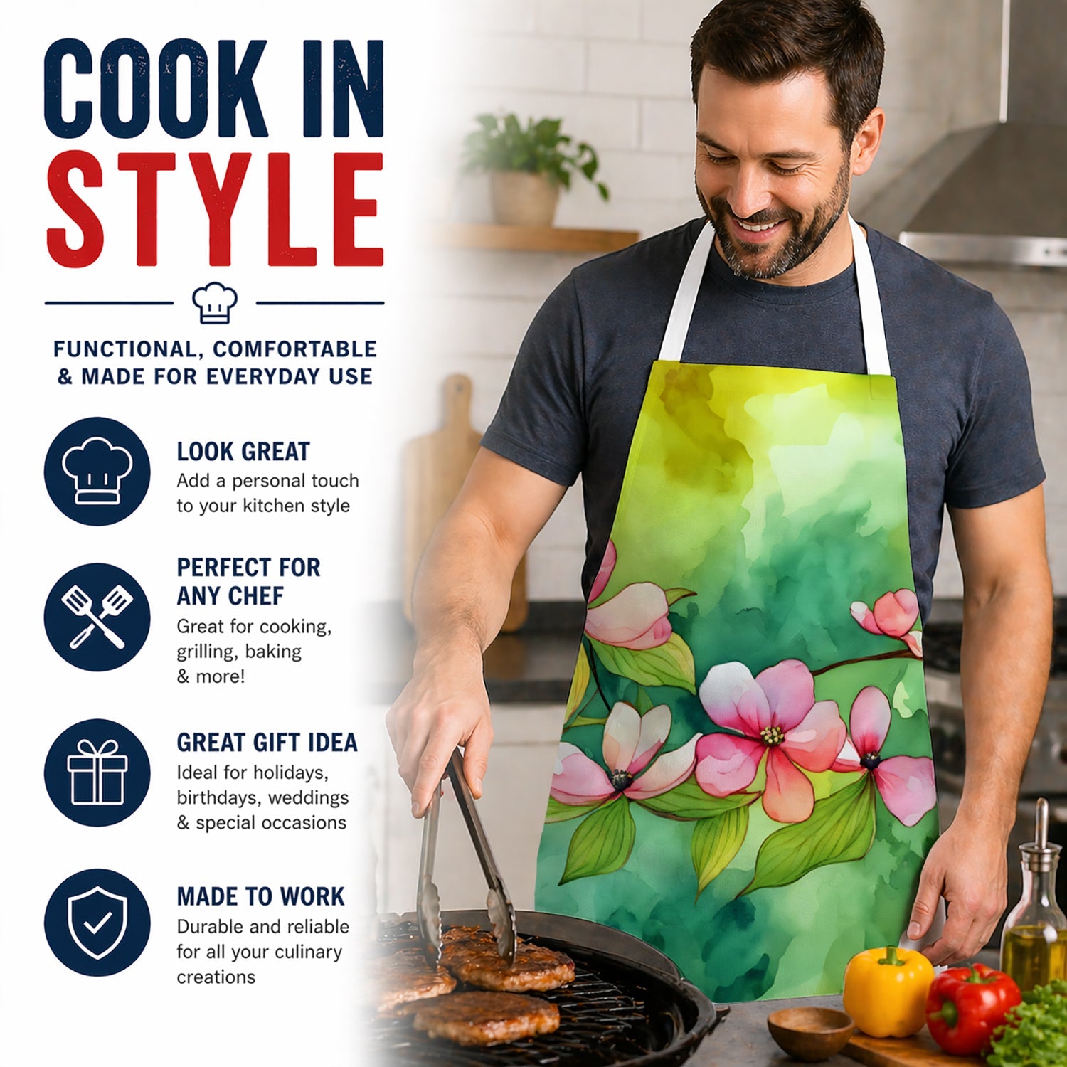 Virginia American Dogwood in Watercolor Apron Cooking Kitchen Server Baking Crafts Gardening for Adult Women Men, Unisex, Large, Multicolor