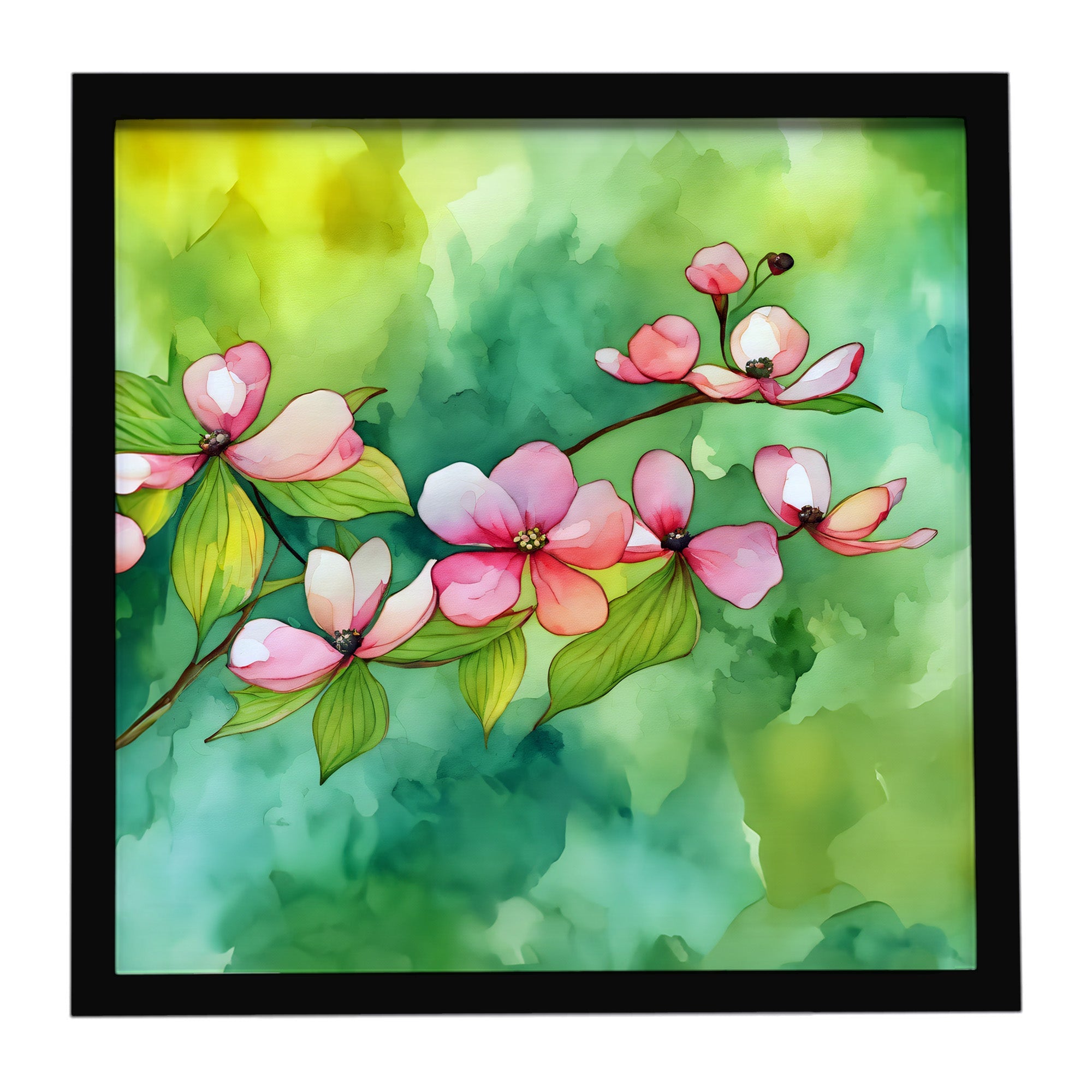 Virginia American Dogwood in Watercolor Framed Metal Print Bathroom, Kitchen, Office, Home Decor Wall Art Ready to Hang, Square, 8X8