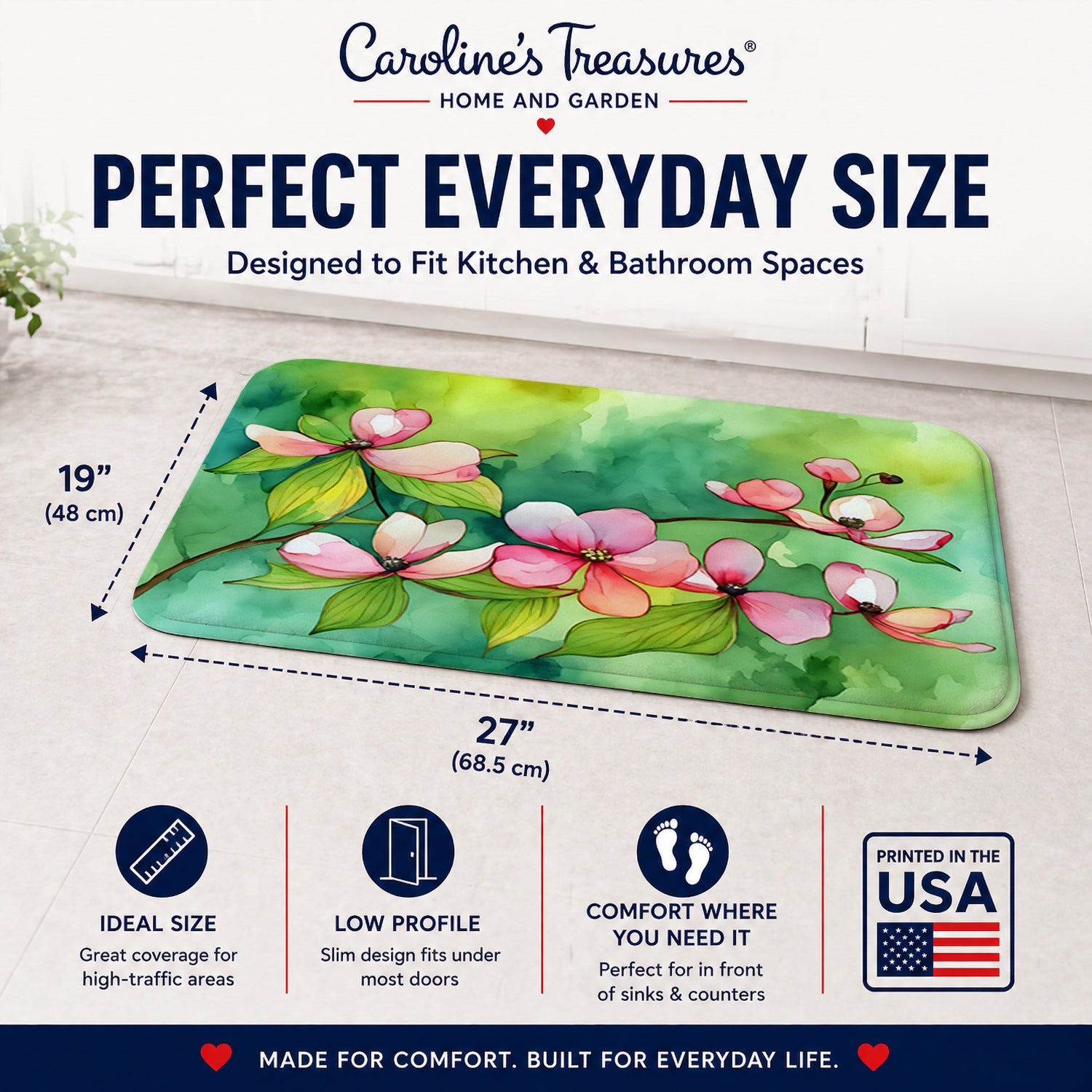 Virginia American Dogwood in Watercolor Memory Foam Kitchen Mat Machine Washable Anti-Fatigue Cushion Comfort Bath or Kitchen Rug