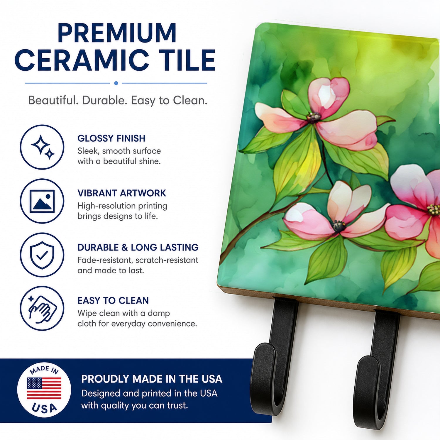 Virginia American Dogwood in Watercolor Leash or Key Holder Wall Hooks, Coat Rack Wall Mount, for Hanging Keys, Towels, Aprons, Leashes