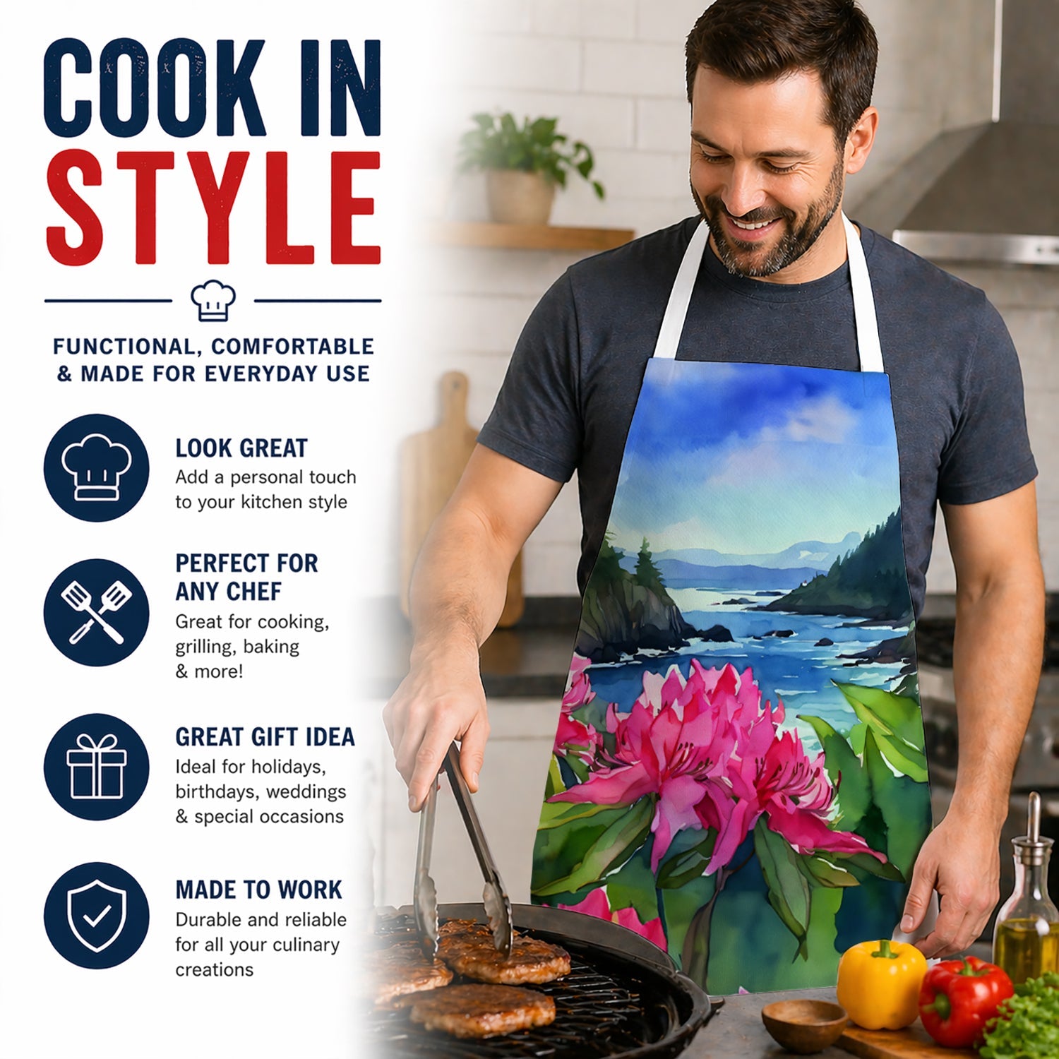 Washington Coast Rhododendrons in Watercolor Apron Cooking Kitchen Server Baking Crafts Gardening for Adult Women Men, Unisex, Large, Multicolor