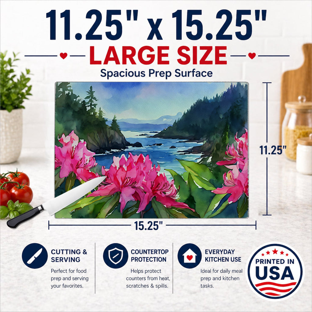 Washington Coast Rhododendrons in Watercolor Cutting Board Tempered Glass Kitchen Cutting Surface, Heat Resistant Chopping, Non-Slip Feet, Food Prep & Serving