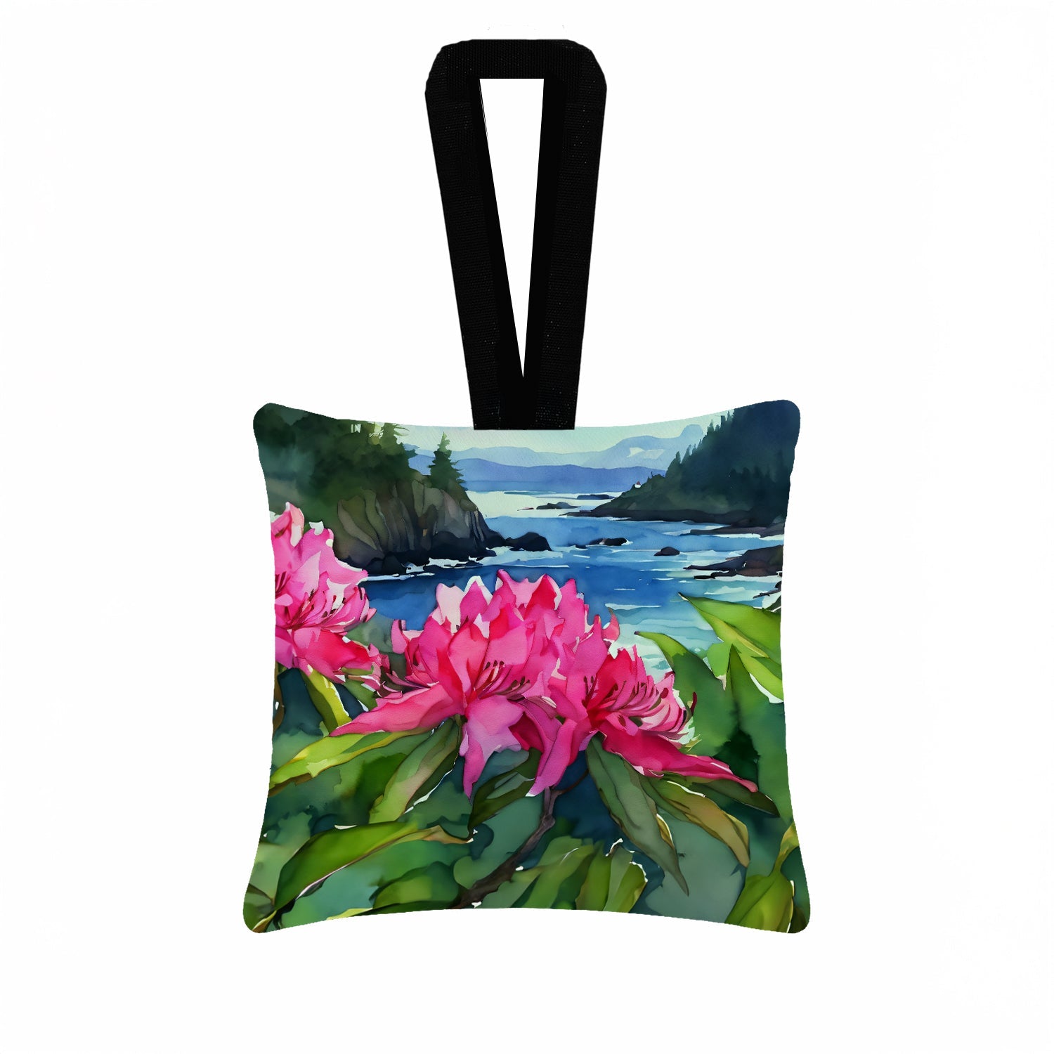 Washington Coast Rhododendrons in Watercolor Hanging Square Fabric Ornament 3.5 × 3.5 Decorative Door-Knob & Tree Hanger, Soft Fabric