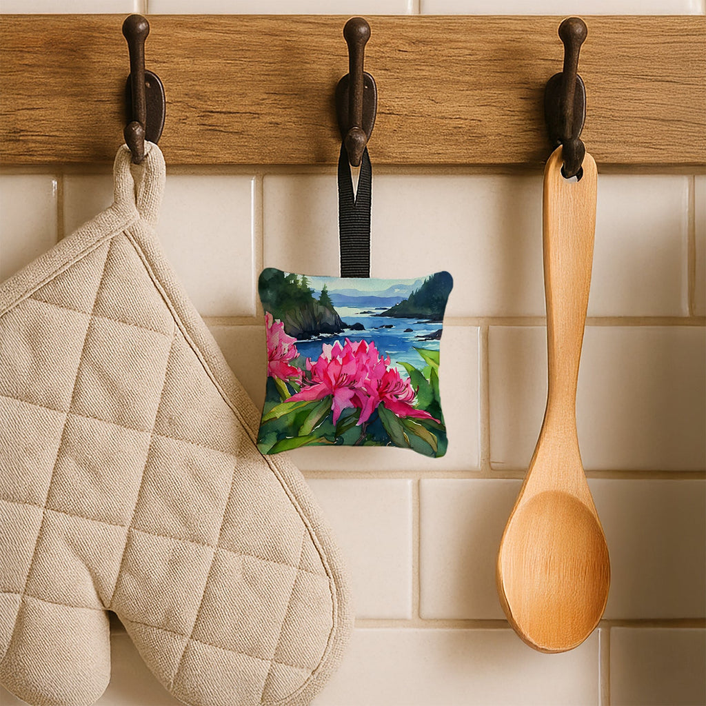 Washington Coast Rhododendrons in Watercolor Hanging Square Fabric Ornament 3.5 × 3.5 Decorative Door-Knob & Tree Hanger, Soft Fabric