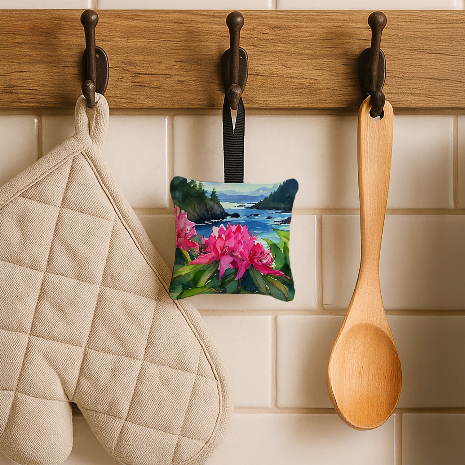 Washington Coast Rhododendrons in Watercolor Hanging Square Fabric Ornament 3.5 × 3.5 Decorative Door-Knob & Tree Hanger, Soft Fabric