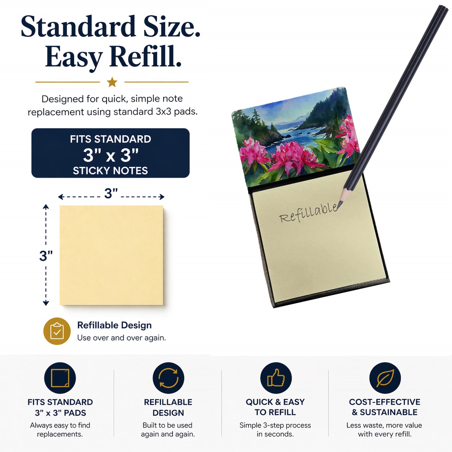 Washington Coast Rhododendrons in Watercolor Watercolor Sticky Note Holder Refillable Dispenser Desk Accessory 3x3 Pad Gift