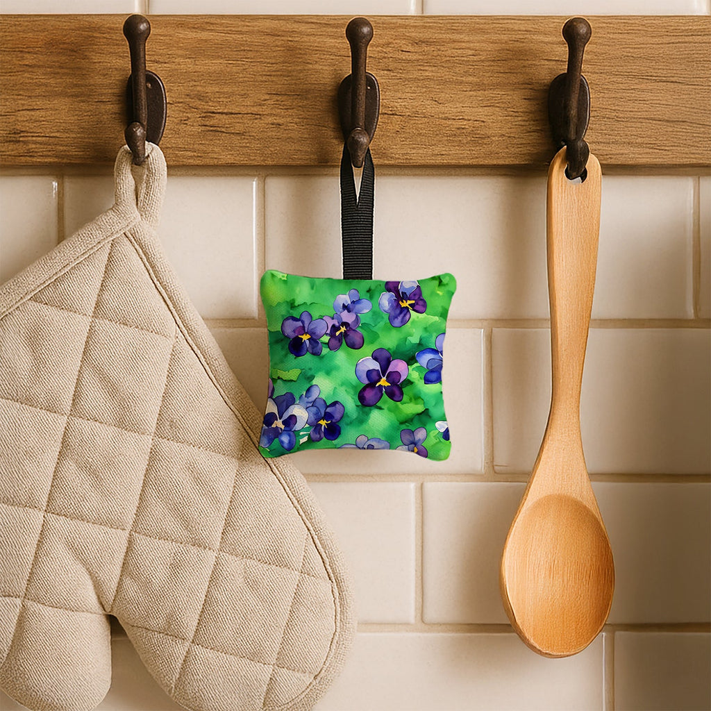Wisconsin Wood Violets in Watercolor Hanging Square Fabric Ornament 3.5 × 3.5 Decorative Door-Knob & Tree Hanger, Soft Fabric