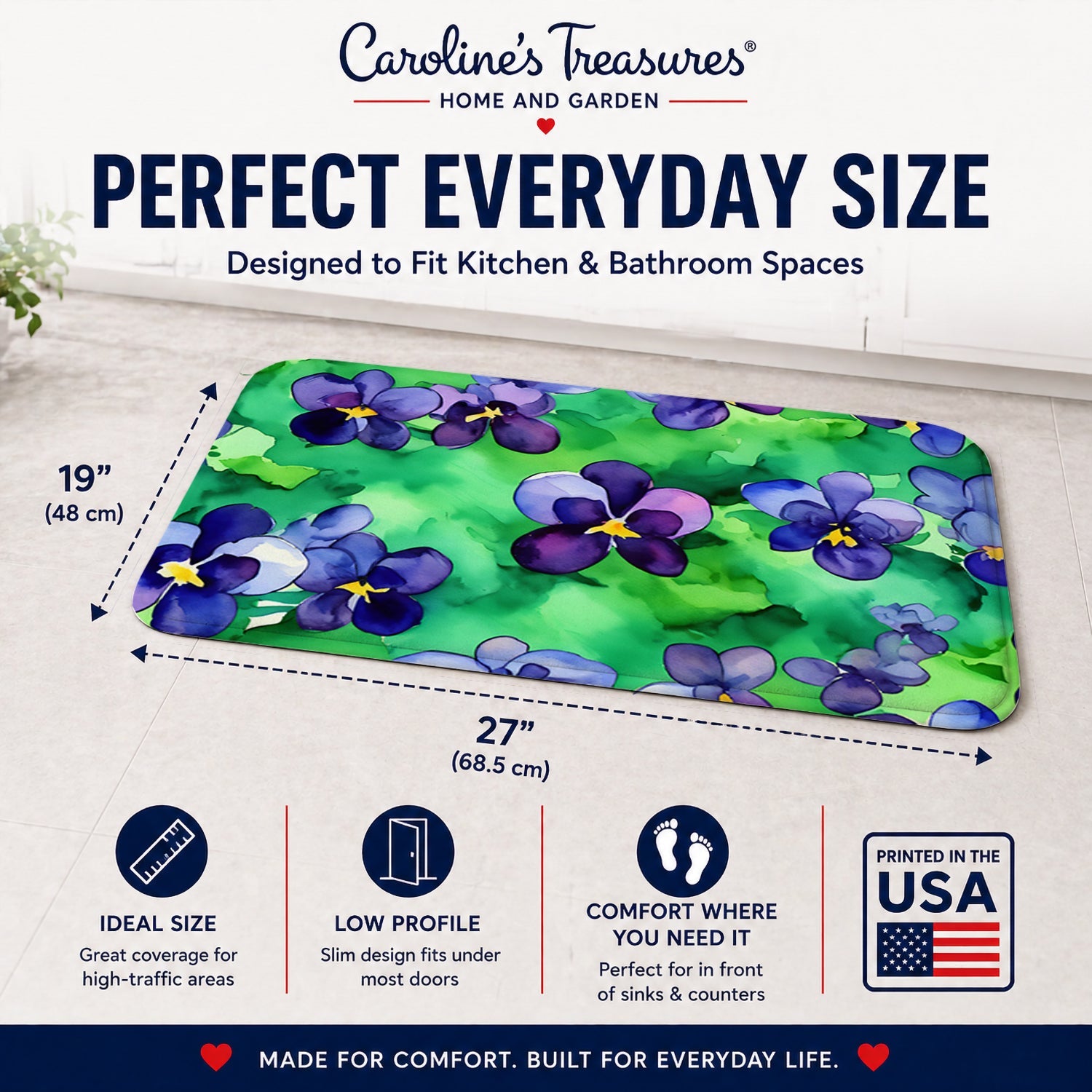 Wisconsin Wood Violets in Watercolor Memory Foam Kitchen Mat Machine Washable Anti-Fatigue Cushion Comfort Bath or Kitchen Rug