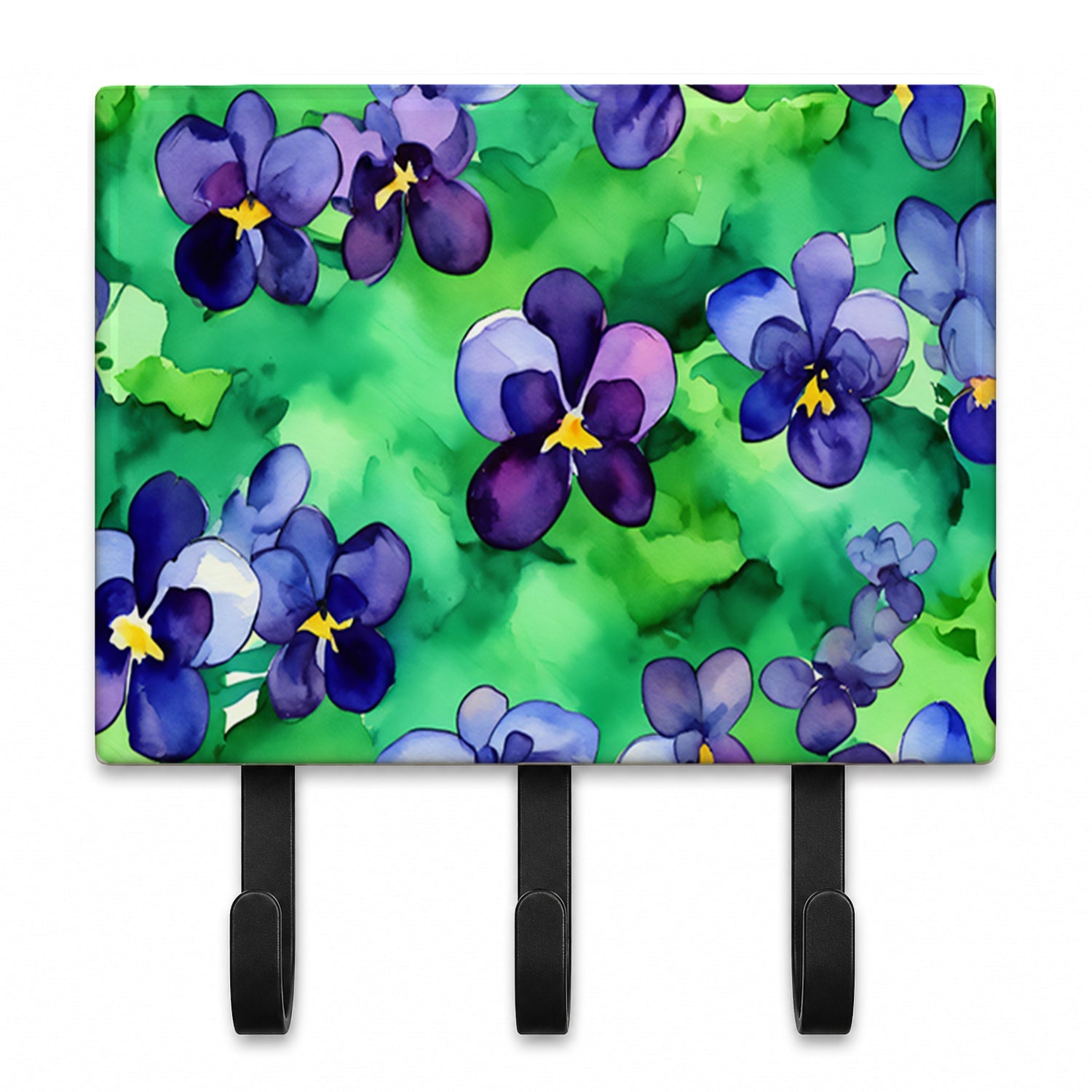 Wisconsin Wood Violets in Watercolor Leash or Key Holder Wall Hooks, Coat Rack Wall Mount, for Hanging Keys, Towels, Aprons, Leashes