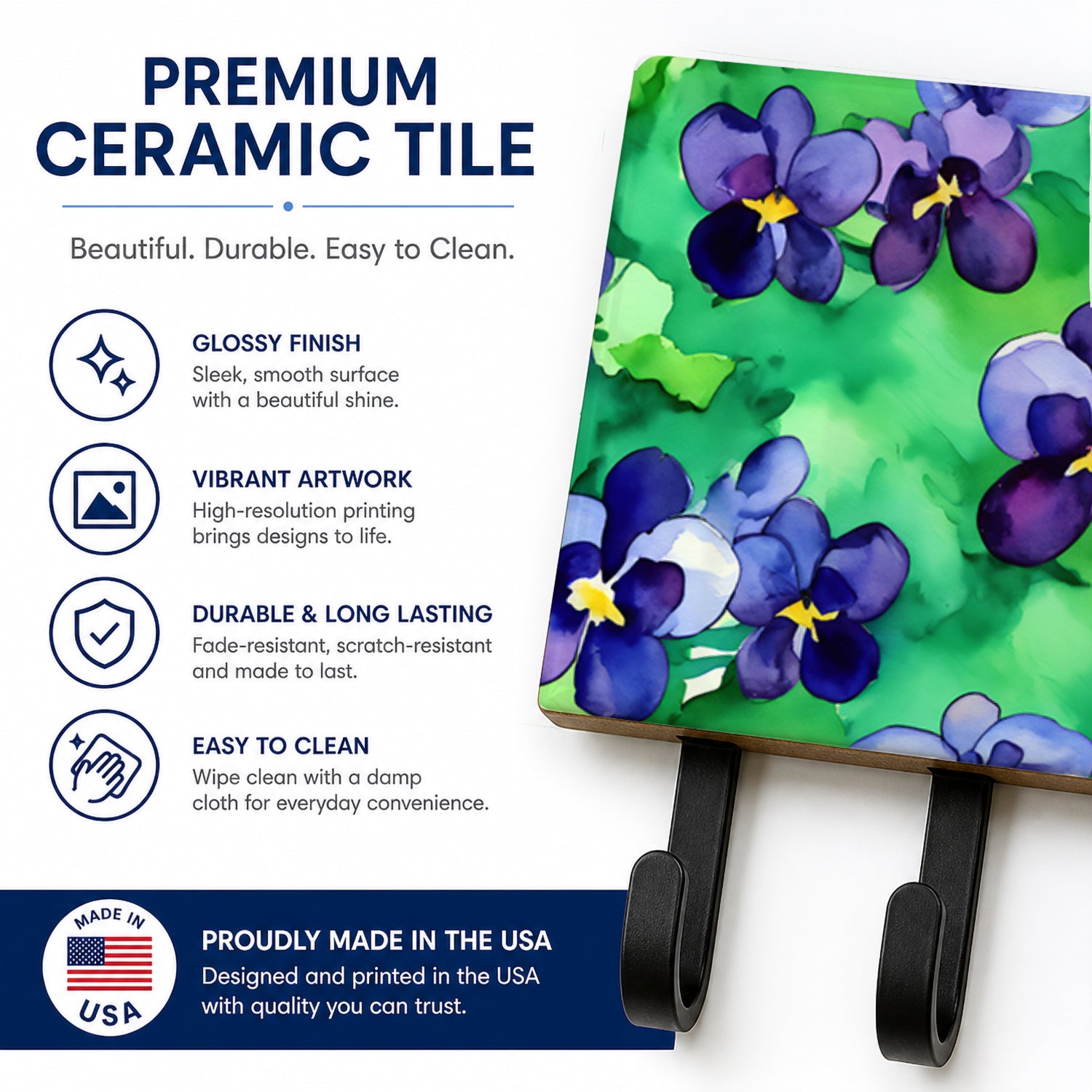 Wisconsin Wood Violets in Watercolor Leash or Key Holder Wall Hooks, Coat Rack Wall Mount, for Hanging Keys, Towels, Aprons, Leashes
