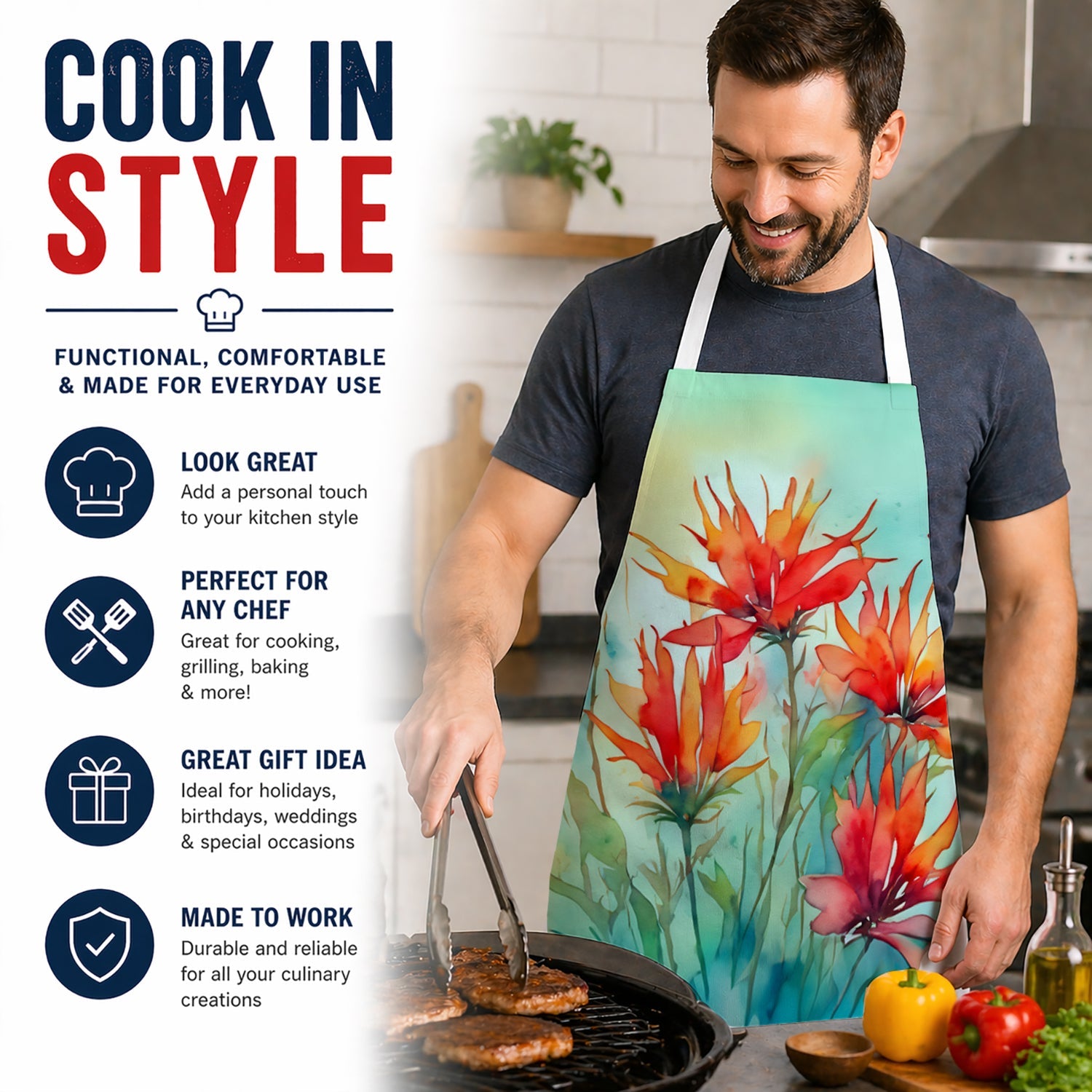 Wyoming Indian Paintbrush in Watercolor Apron Cooking Kitchen Server Baking Crafts Gardening for Adult Women Men, Unisex, Large, Multicolor