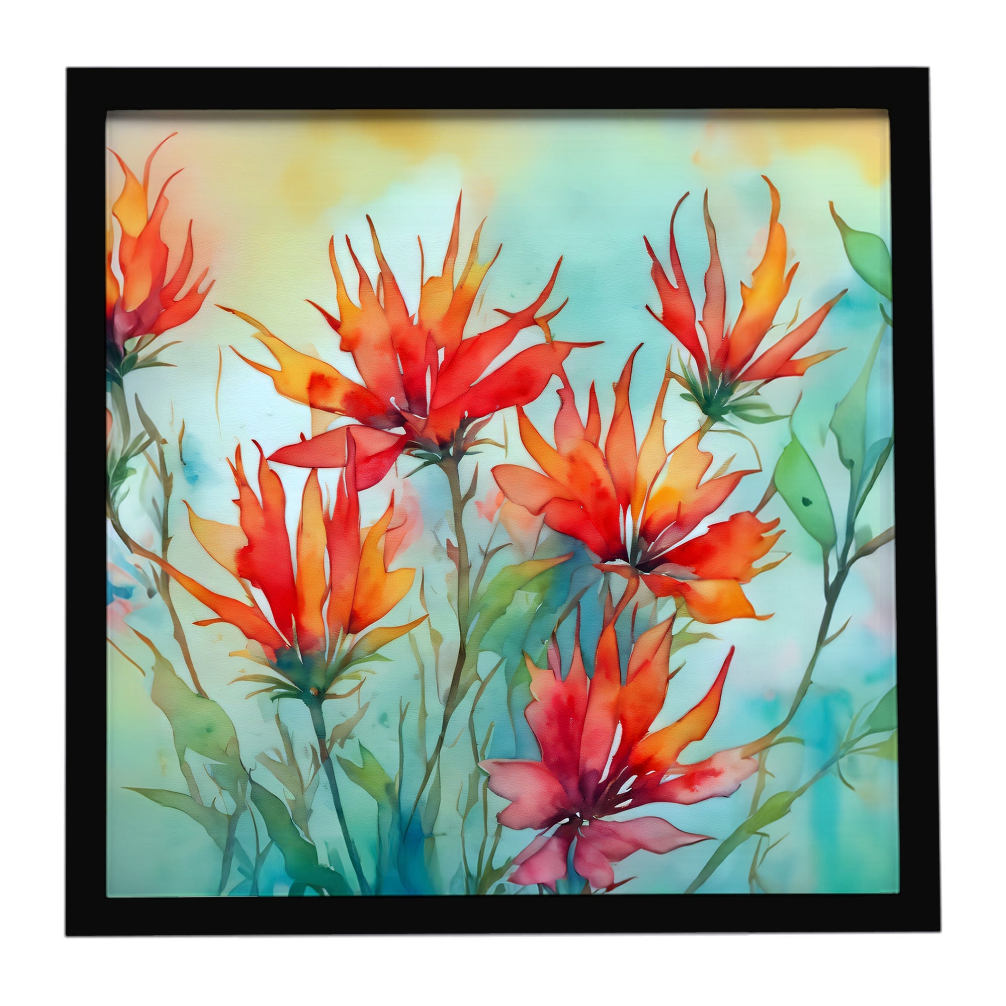 Wyoming Indian Paintbrush in Watercolor Framed Metal Print Bathroom, Kitchen, Office, Home Decor Wall Art Ready to Hang, Square, 8X8