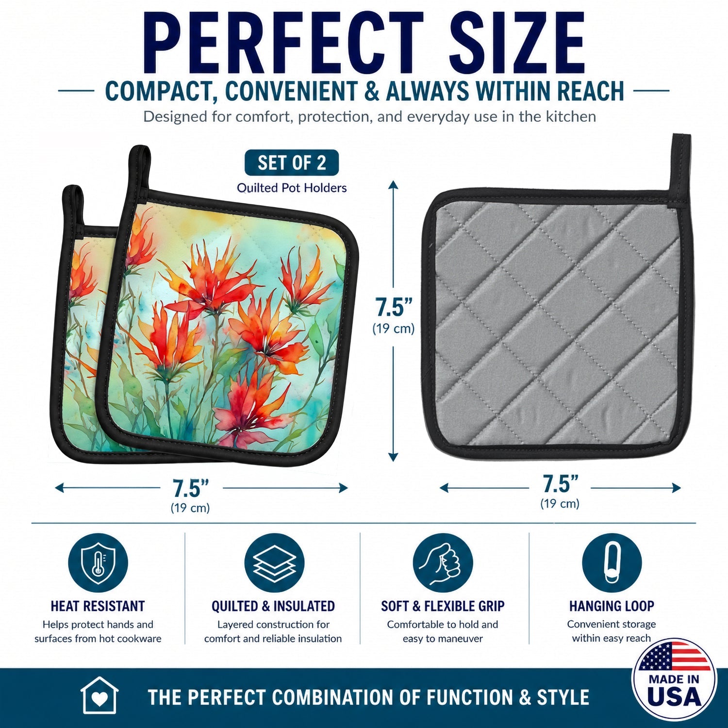 Wyoming Indian Paintbrush in Watercolor Pot Holder Set of 2 Heat Resistant Quilted Hot Pads 7.5 x 7.5 Inch, Insulated Kitchen Trivets for Cooking & Baking