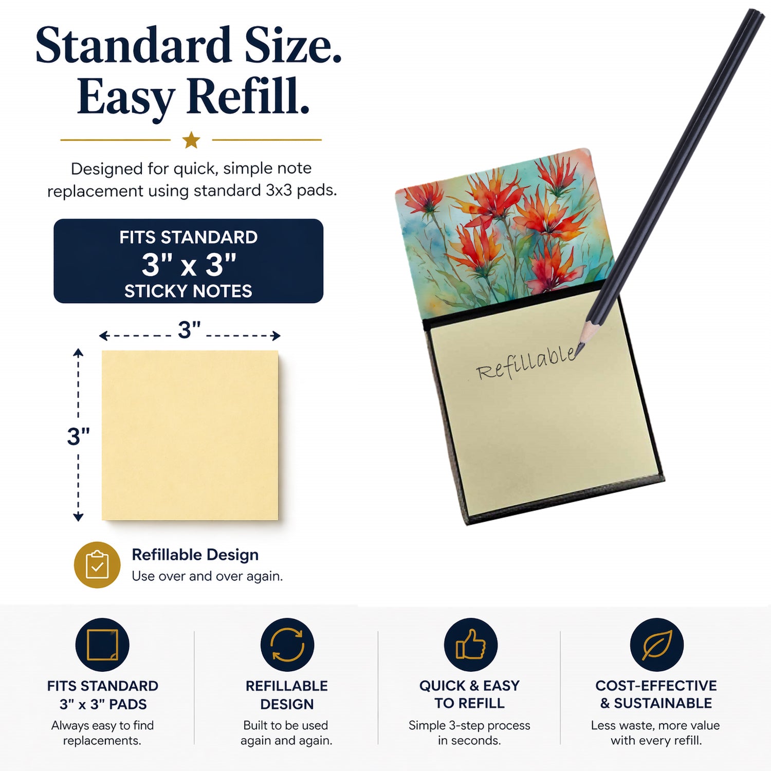 Wyoming Indian Paintbrush in Watercolor Watercolor Sticky Note Holder Refillable Dispenser Desk Accessory 3x3 Pad Gift