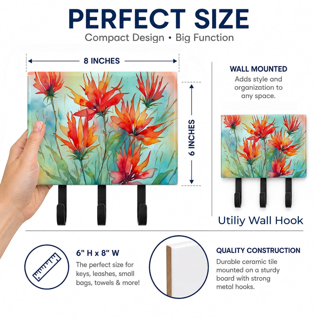 Wyoming Indian Paintbrush in Watercolor Leash or Key Holder Wall Hooks, Coat Rack Wall Mount, for Hanging Keys, Towels, Aprons, Leashes