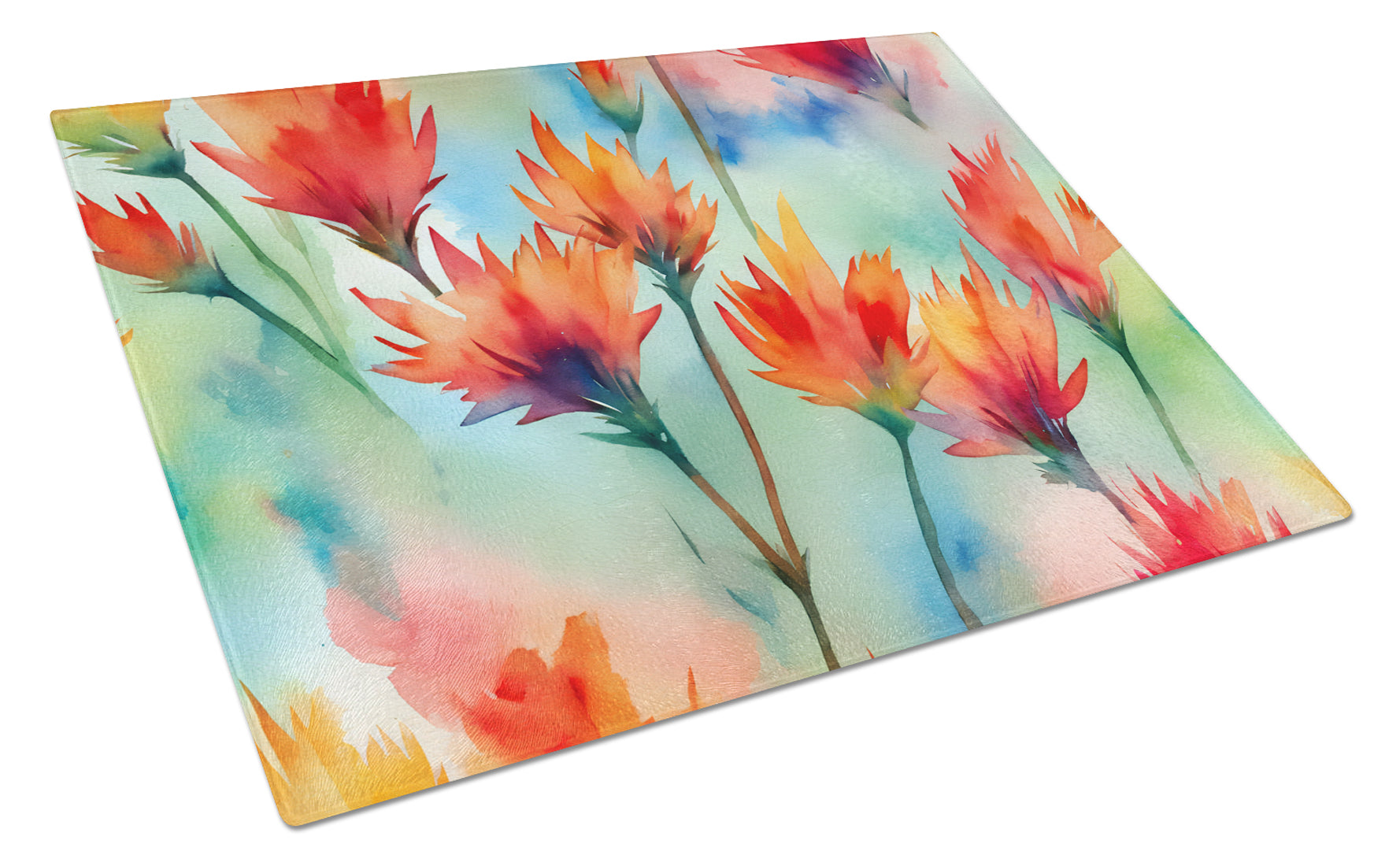 Wyoming Indian Paintbrush in Watercolor Cutting Board Tempered Glass Kitchen Cutting Surface, Heat Resistant Chopping, Non-Slip Feet, Food Prep & Serving