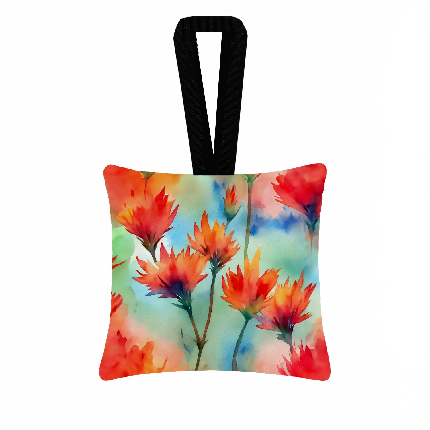 Wyoming Indian Paintbrush in Watercolor Hanging Square Fabric Ornament 3.5 × 3.5 Decorative Door-Knob & Tree Hanger, Soft Fabric