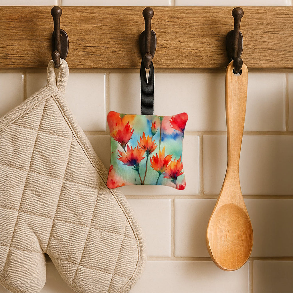 Wyoming Indian Paintbrush in Watercolor Hanging Square Fabric Ornament 3.5 × 3.5 Decorative Door-Knob & Tree Hanger, Soft Fabric